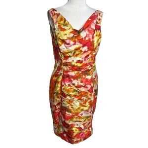 Theia ruched panel sleeveless watercolor floral dress Sz 12